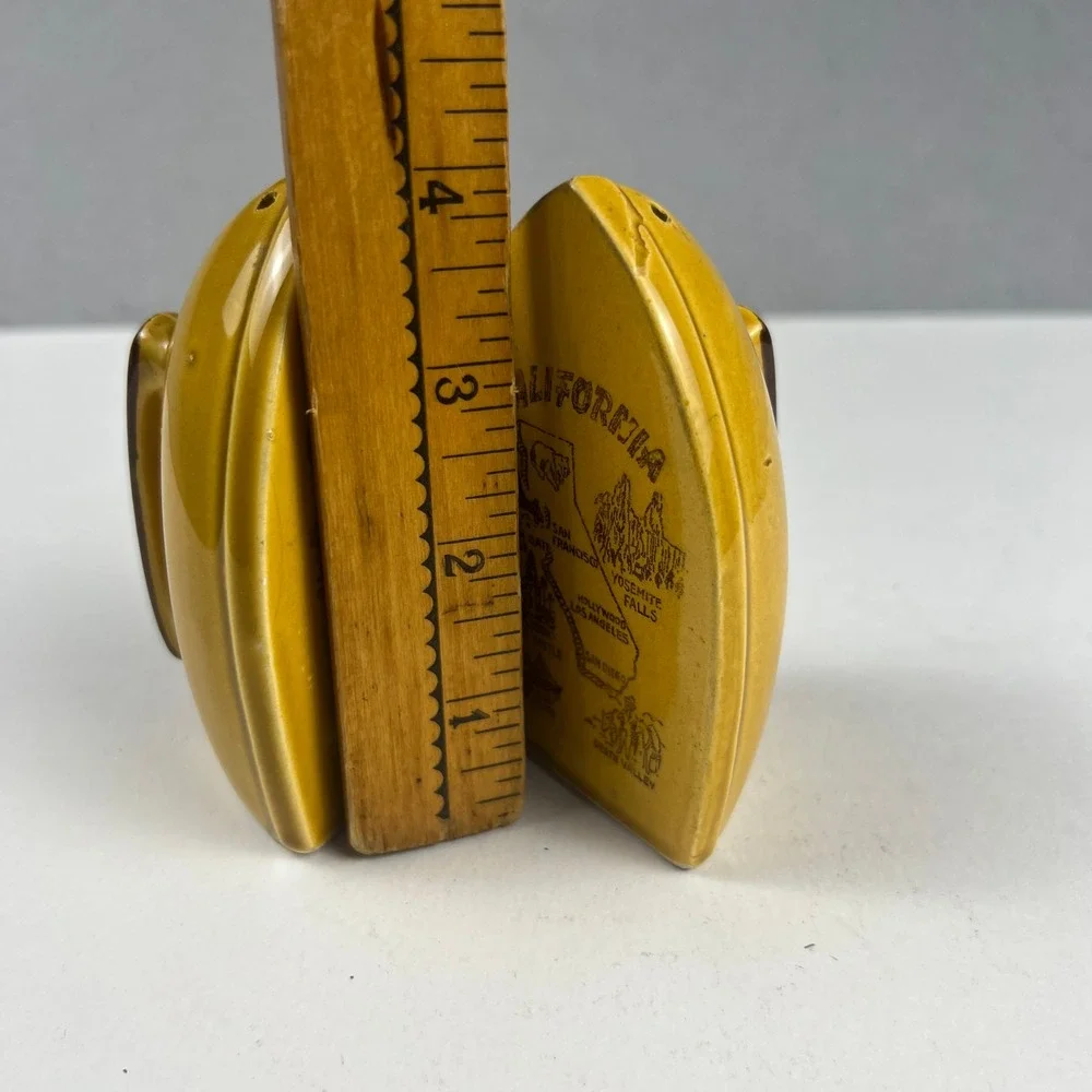 Vintage California Flat Iron Salt and Pepper Shakers Yellow Ceramic Set Souvenir